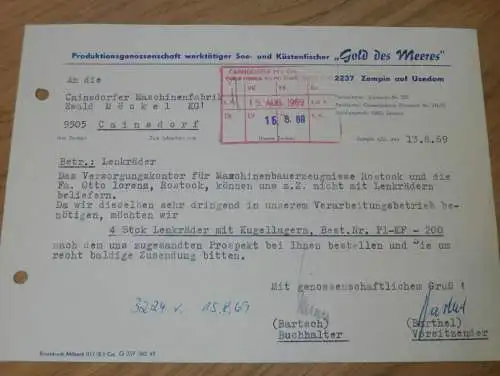 PGH Küstenfischer "Gold des Meeres" in Zempin a. Usedom , 1969 , Hr. Bartsch , Hr. Barthel  Rechnung , Reklame / Werbung