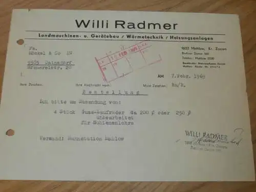 Landmaschinen - Willi Radmer in Mahlow b. Zossen , 1969 , alte Rechnung , Reklame / Werbung !!