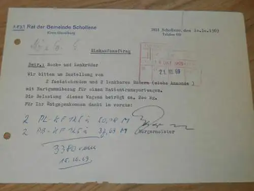 Rat der Gemeinde Schollene b. Havelberg , Der Bürgermeister , 1969 , alte Rechnung , Reklame / Werbung !!