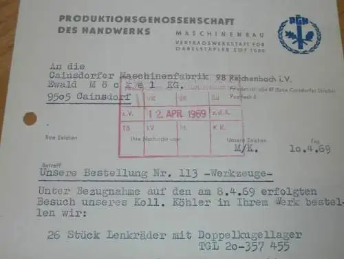 PGH Maschinenbau in Reichenbach i.V., 1969 , Hr. Wolf , Hr. Maurer , alte Rechnung , Reklame / Werbung !!