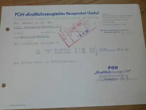 PGH "Kraftfahrzeugteile" Neugersdorf i. Sa., 1960 , alte Rechnung , Reklame / Werbung !!