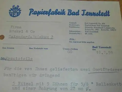 Papierfabrik Bad Tennstedt , 1959 , alte Rechnung , Reklame / Werbung !!