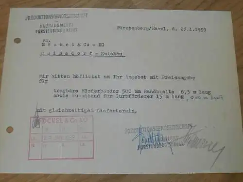 PGH Bauhandwerk in Fürstenberg a. Havel , 1959 , alte Rechnung , Reklame / Werbung !!