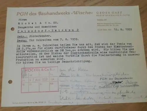 PGH Bauhandwerk "Wische" in Gross Garz b. Seehausen i. Altm. , 1959 , alte Rechnung , Reklame / Werbung !!