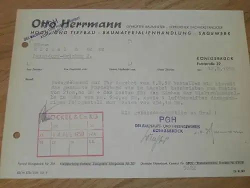 Hoch- und Tiefbau - Otto Hermann in Königsbrück , 1959 , alte Rechnung , Reklame / Werbung !!
