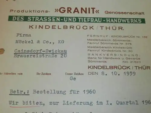 Strassen- und Tiefbau "Granit" in Kindelbrück i. Thür., 1959 , Hr. Holzhause , alte Rechnung , Reklame / Werbung !!