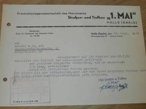 Straßen- und Tiefbau - PGH Handwerk 1.Mai in Halle a. Saale , 1959 , alte Rechnung , Reklame / Werbung !!