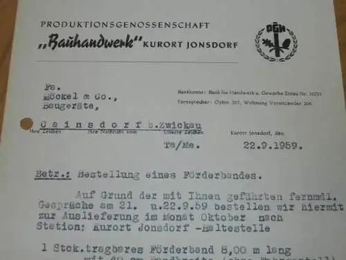 PGH "Bauhandwerk" Kurort Jonsdorf , 1959 , alte Rechnung , Reklame / Werbung !!