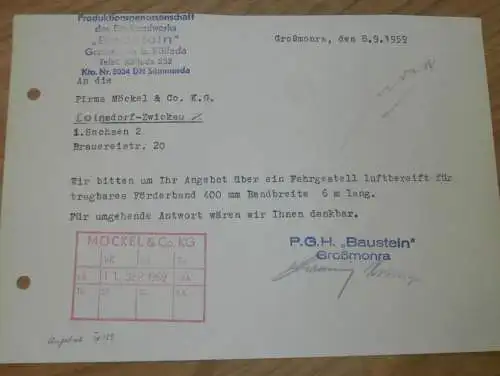 PGH Bauhandwerk "Baustein" in Großmora b. Kölleda , 1959 , Sömmerda , alte Rechnung , Reklame / Werbung !!