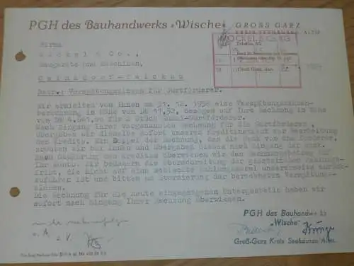 PGH Bauhandwerk "Wische" in Gross Garz b. Seehausen , 1959 , alte Rechnung , Reklame / Werbung !!