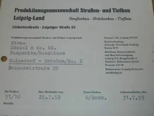 PGH Straßen- und Tiefbau Leipzig-Land in Liebertwolkwitz , 1959 , alte Rechnung , Reklame / Werbung !!