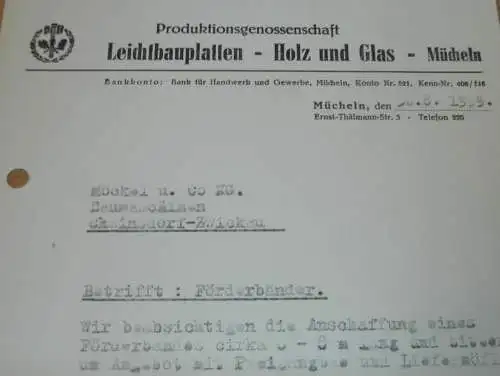 PGH - Leichtbauplatten - Holz und Glas in Mücheln , 1959 , alte Rechnung , Reklame / Werbung !!