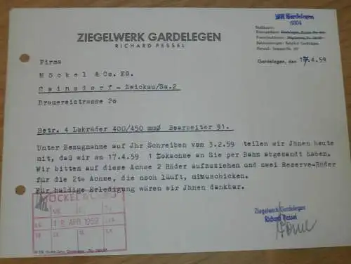 Ziegelwerk Gardelegen - Richard Pessel , 1959 ,  alte Rechnung , Reklame / Werbung !!