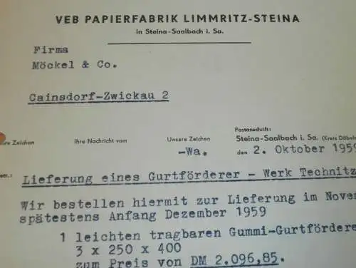 VEB Papierfabrik Limmritz . Steina in Steina- Saalbach i. Sa., 1959 , Hr. Fuhrmann  alte Rechnung , Reklame / Werbung !!