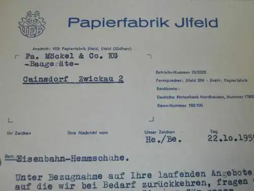 Papierfabrik Ilfeld , 1959 , Hr. Jähn , Hr. Hesse , alte Rechnung , Reklame / Werbung !!