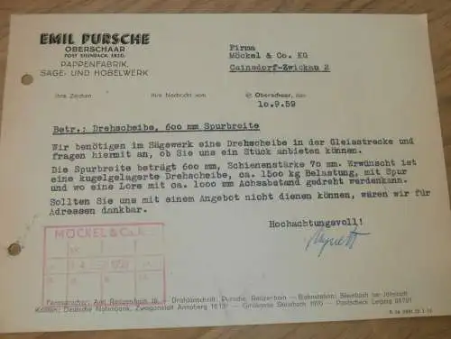 Pappenfabrik - Emil Pursche in Oberschaar b. Steinach i. Erzgeb., 1959 , alte Rechnung , Reklame / Werbung !!