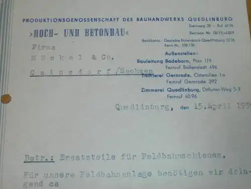 Betonbau - PGH Bauhandwerk Quedlinburg , 1959 , alte Rechnung , Reklame / Werbung !!