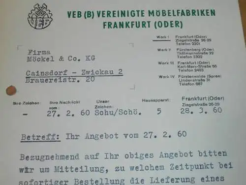 VEB Vereinigte Möbelfabrik Frankfurt a. Oder , 1960 , alte Rechnung , Reklame / Werbung !!