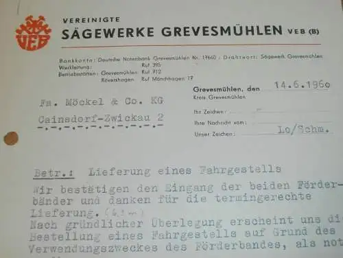 VEB Sägewerk Grevesmühlen , 1960 , Hr. Rathke , Hr. Kerusch , alte Rechnung , Reklame / Werbung !!