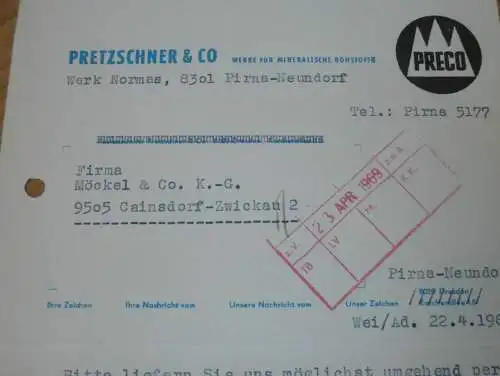 Mineralische Rohstoffe - Pretzschner & Co. in Pirna - Neundorf , 1969 , Werk Normas alte Rechnung , Reklame / Werbung !!
