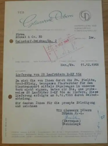 VEB Glaswerk Döbern , 1968 , Hr. Herrmann , alte Rechnung , Reklame / Werbung !!