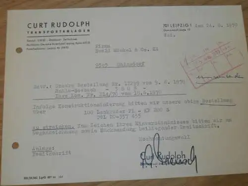 Transportanlagen - Curt Rudolph in Leipzig , 1970 , alte Rechnung , Reklame / Werbung !!