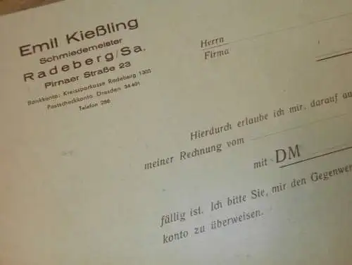 Schmiedemeister - Emil Kießling in Radeberg i. Sa., 1959 , alte Rechnung , Reklame / Werbung !!