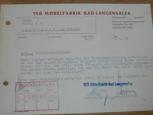 VEB Möbelfabrik Bad Langensalza , 1959 , Hr. Ludwig , Hr. Enge , alte Rechnung , Reklame / Werbung !!