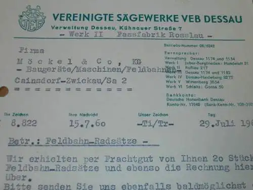 VEB Sägewerke Dessau , 1960 , Faßfabrik Roßlau a. Elbe , alte Rechnung , Reklame / Werbung !!