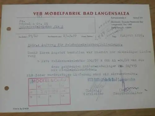 VEB Möbelfabrik Bad Langensalza , 1959 , Hr. Ludwig , Hr. Enge , alte Rechnung , Reklame / Werbung !!