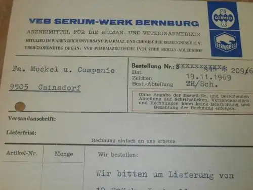 VEB Serum Werk Bernburg , 1969 , Hr. Seidel , Hr. Dittrich , Arzneimittel , alte Rechnung , Reklame / Werbung !!