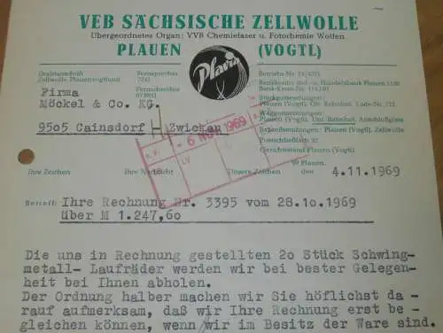 VEB Sächsische Zellwolle in Plauen i. Vogtland , 1969 , Hr. Winkler , Hr. Hager , alte Rechnung , Reklame / Werbung !!