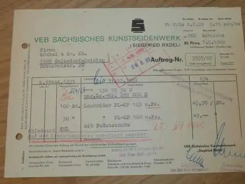 VEB Sächsisches Kunstseidenwerk in Pirna , 1969 , Hr. Loschke , Hr. Schniebs , Seide alte Rechnung , Reklame / Werbung !