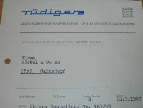 Rauhweberei Rüdiger & Sohn in Mittweida , 1969 , Weberei , Hr. Schubert , alte Rechnung , Reklame / Werbung !!