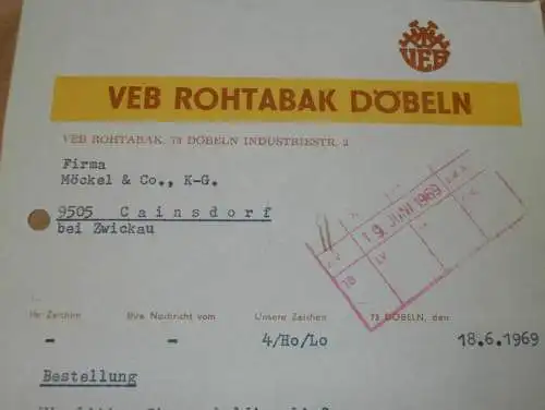 VEB Rohtabak Döbeln , 1969 , Hr. Bochmann , Tabak , alte Rechnung , Reklame / Werbung !!