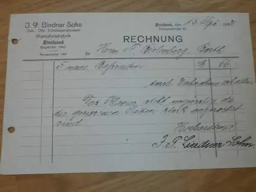 Pianoforte-Fabrik - J.P. Lindner Sohn in Stralsund , 1921 , Klavier , Piano , Barth alte Rechnung , Reklame / Werbung !!