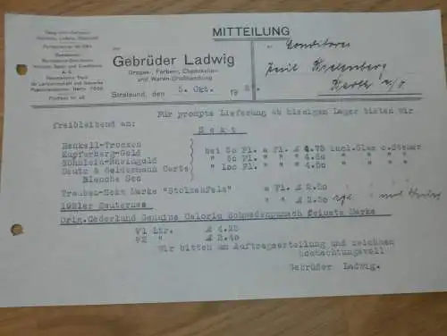 Drogen und Warengroßhandlung - Gebrüder Ladwig in Stralsund , 1927 , alte Rechnung , Reklame / Werbung !!