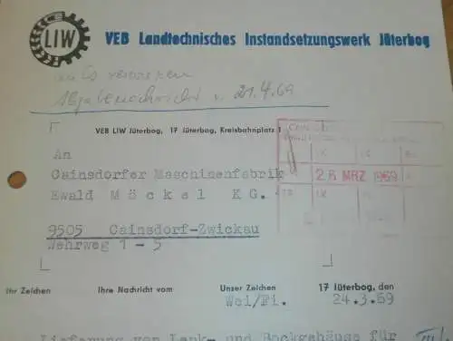 VEB Instandsetzungswerk Jüterbog , 1969 , Hr. Weiß , alte Rechnung , Reklame / Werbung
