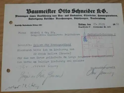 Baumeister Otto Schneider KG in Zittau , 1960 , alte Rechnung , Reklame / Werbung