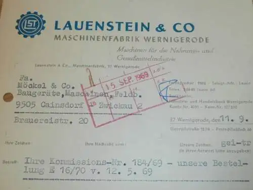 Maschinenfabrik - Lauenstein & Co in Wernigerode , 1969, Hr. Charlet , Hr. Rosemann , alte Rechnung , Reklame / Werbung