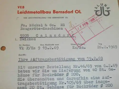 VEB Leichtmetall Bernsdorf OL , 1969 , Hr. Kunath , alte Rechnung , Reklame / Werbung !!