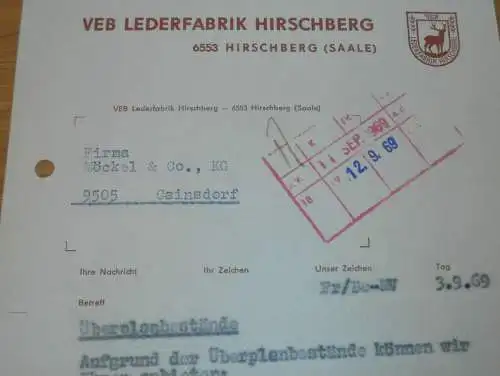 VEB Lederfabrik Hirschberg a. Saale , 1969 , Hr. Dolde , Hr. Lautenschläger , alte Rechnung , Reklame / Werbung !!