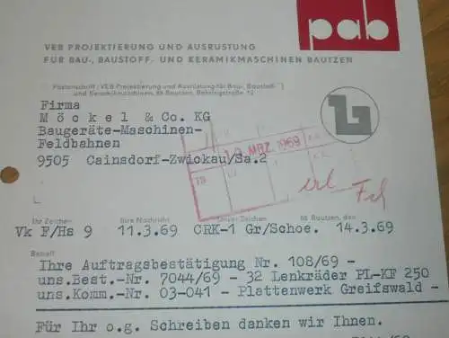 VEB Projektierung und Ausrüstung in Bautzen , 1969 , Hr. Muschler , alte Rechnung , Reklame / Werbung !!
