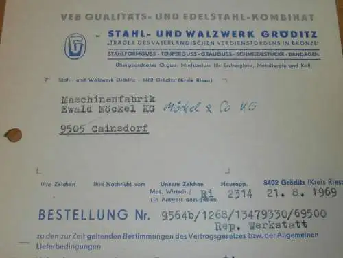 Stahl- und Walzwerk Gröditz , 1969 , Hr. Schurig , alte Rechnung , Reklame / Werbung !!