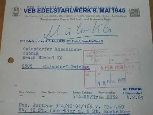 VEB Edelstahlwerk 8.Mai 1945 in Freital , 1969 , Hr. Kirschner , Hr. Rühle , alte Rechnung , Reklame / Werbung !!