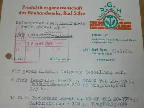 PGH Bauhandwerk in Bad Sülze , 1969 , alte Rechnung , Reklame / Werbung !!
