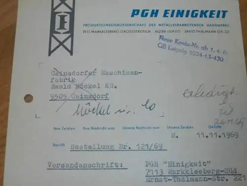 PGH "Einigkeit" in Markkleeberg - Grossstädteln , 1969 , alte Rechnung , Reklame / Werbung !!