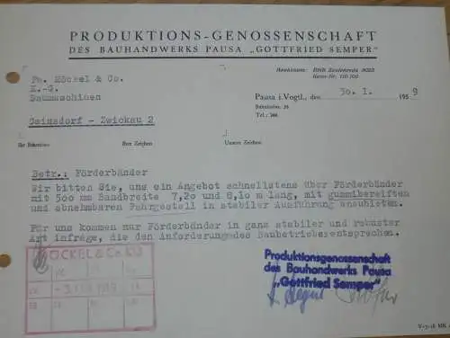 PGH Bauhandwerk "Gottfried Semper" in Pausa i. Vogtland , 1959 , Zeulenroda , alte Rechnung , Reklame / Werbung !!
