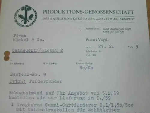 PGH Bauhandwerk "Gottfried Semper" in Pausa i. Vogtland , 1959 ,Hr. Treiss , Hegner alte Rechnung , Reklame / Werbung !!