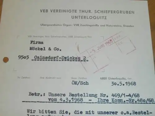 VEB Vereinigte Thür. Schiefergruben in Unterloquitz b. Probstzella , 1968 , Seythal , alte Rechnung , Reklame / Werbung